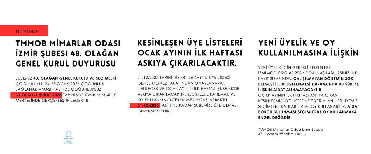TMMOB MİMARLAR ODASI İZMİR ŞUBESİ GENEL KURUL DUYURUSU