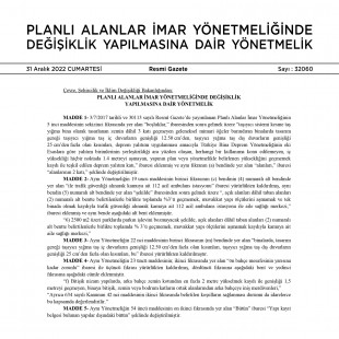 31 Aralık 2022: Planlı Alanlar İmar Yönetmeliğinde Değişiklik Yapılmasına Dair Yönetmelik