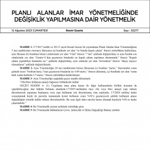 12 Ağustos 2023: Planlı Alanlar İmar Yönetmeliğinde Değişiklik Yapılmasına Dair Yönetmelik