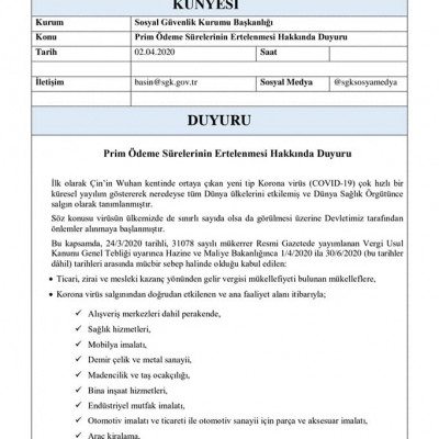 SGK’nın Prim Ödeme Sürelerinin Ertelenmesi ile İlgili Duyurusu