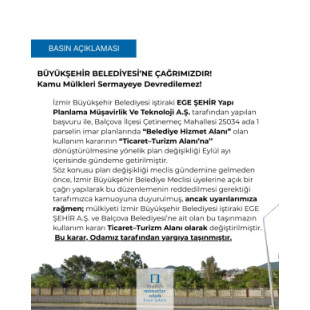 BÜYÜKŞEHİR BELEDİYESİ’NE ÇAĞRIMIZDIR! Kamu Mülkleri Sermayeye Devredilemez!