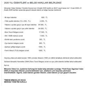 2026 YILI ÖDENTİLERİ ve BELGE HARÇLARI BELİRLENDİ